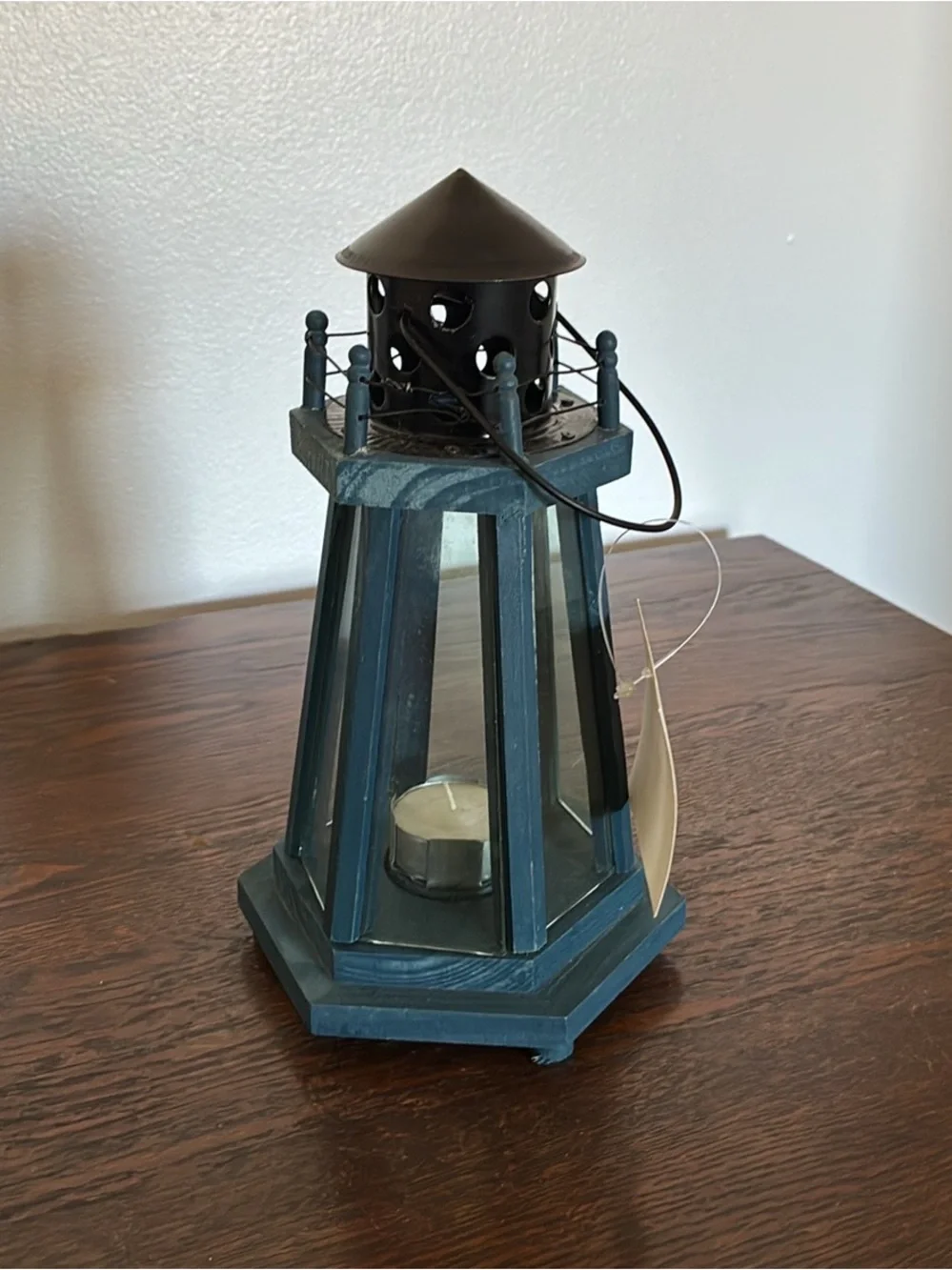 BNIB- Hand Painted- Blue Wood & Wire Lighthouse Candle Holder